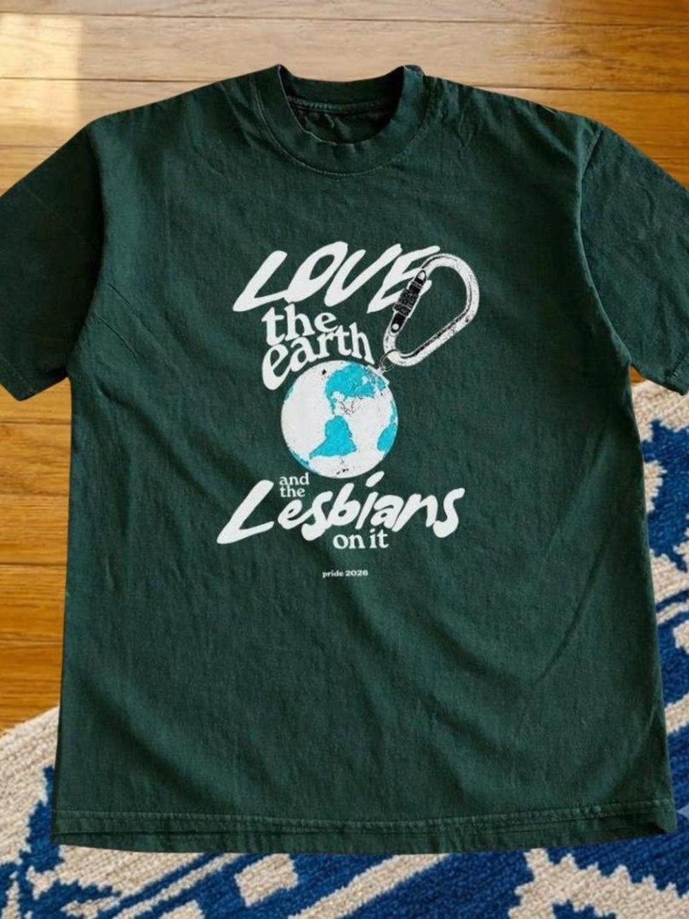 Gildan Dark Green Short Sleeve Tee with White & Teal Graphic